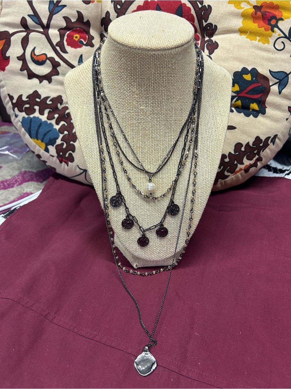 NWOT Free People Layered Gunmetal Multi-Chain Pendant Necklace with Pearl Accent